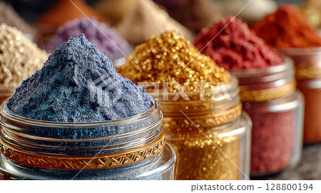 Assorted jars of sparkling cosmetic powders in rich metallic shades, captured in vibrant and detailed close-up 128800194