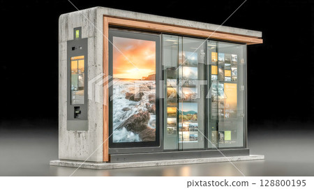 A sleek, freestanding digital kiosk with a large touchscreen display and vibrant scenic visuals, designed for interactive public use 128800195