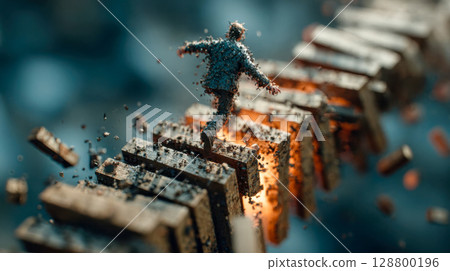 A figure disintegrates while running across collapsing domino blocks engulfed in flames, symbolizing risk and urgency 128800196