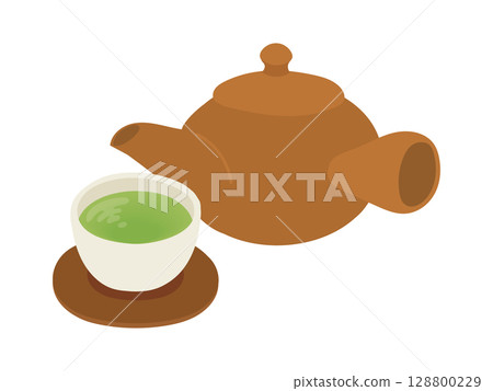茶壺和杯子裡的綠茶插圖 128800229