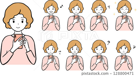 Facial expression set of a woman operating a smartphone 128800471