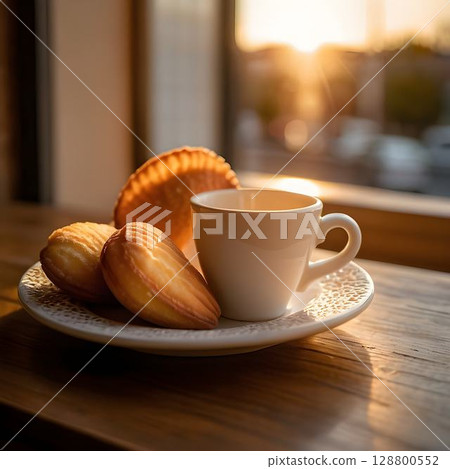 Madeleines and Teacup in Golden Hour Near French Cafe 128800552