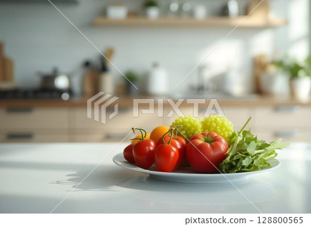 Healthy Fruits and Vegetables Displayed on a Sleek Countertop Healthy Fruits and Vegetables Displayed on a Sleek Countertop 128800565