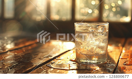 靜物插圖:玻璃杯中放有冰塊,窗邊的夕陽照亮了一張木桌 靜物插圖:玻璃杯中放有冰塊,窗邊的夕陽照亮了一張木桌 128800677