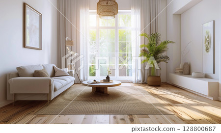 A bright living room with a natural feel, with light pouring in through the large windows A bright living room with a natural feel, with light pouring in through the large windows 128800687