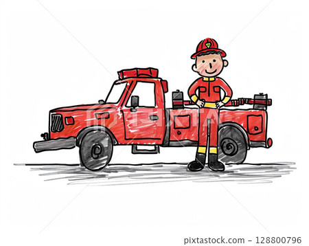 A cheerful cartoon of a firefighter in firefighter gear, standing next to the fire truck. A cheerful cartoon of a firefighter in firefighter gear, standing next to the fire truck. 128800796