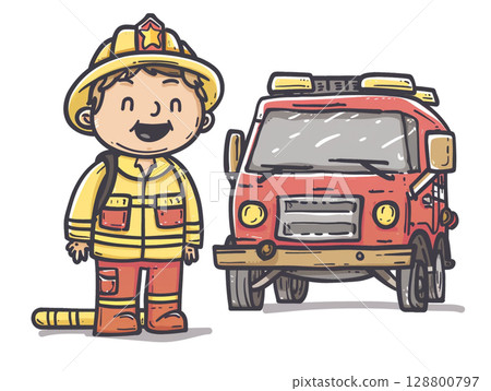 A cheerful cartoon of a firefighter in firefighter gear, standing next to the fire truck. 128800797