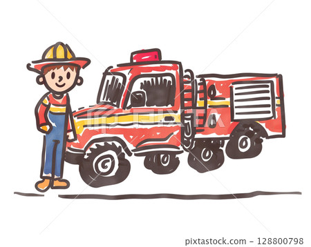 A cheerful cartoon of a firefighter in firefighter gear, standing next to the fire truck. 128800798