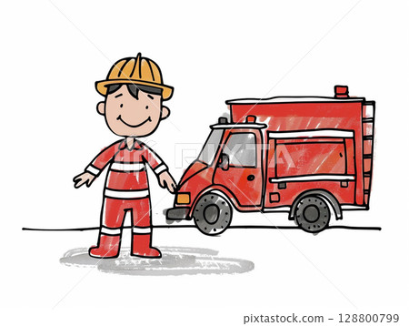 A cheerful cartoon of a firefighter in firefighter gear, standing next to the fire truck. 128800799