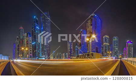 Dubai Marina cityscape with traffic lights 128800815