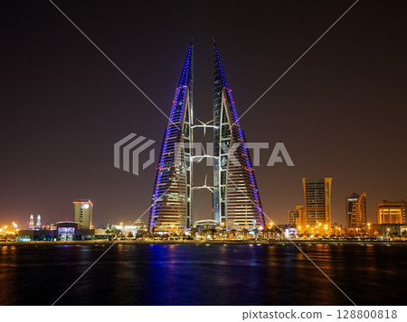 Skyline of Manama Bahrain with reflections at night Skyline of Manama Bahrain with reflections at night 128800818