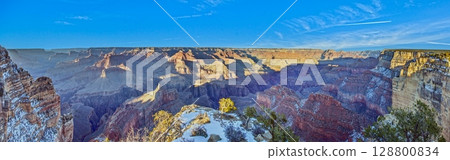 Wide Grand Canyon panorama with snowy rim 128800834