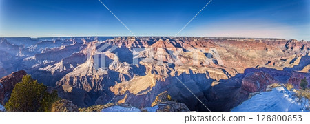 Wide Grand Canyon panorama with snowy rim Wide Grand Canyon panorama with snowy rim 128800853