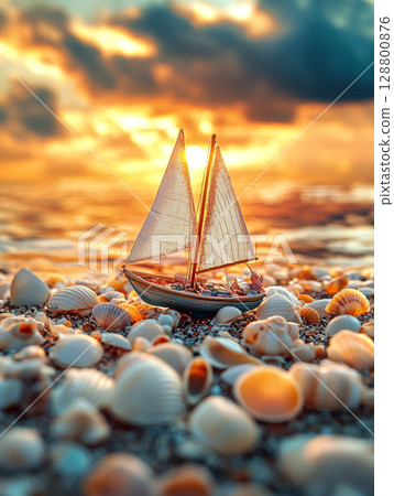 A small toy sailboat amidst a bed of seashells on a beach, bathed in the warm, golden light of a sunset over the ocean. 128800876