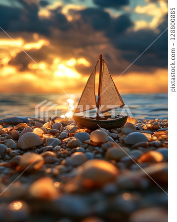 A small toy sailboat amidst a bed of seashells on a beach, bathed in the warm, golden light of a sunset over the ocean. 128800885