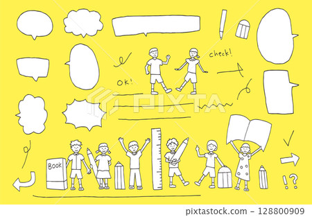 Hand-drawn line drawing set of children and stationery 128800909