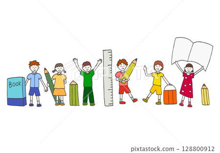 手寫風格：兒童與文具 128800912