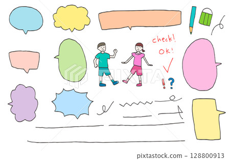 一組手繪兒童線條畫和語音泡泡 一組手繪兒童線條畫和語音泡泡 128800913