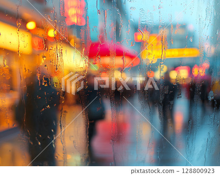 A rainy city square is viewed through a blurred, water-streaked window, showing abstract shapes of people and glowing neon lights in blue, orange, and yellow. 128800923