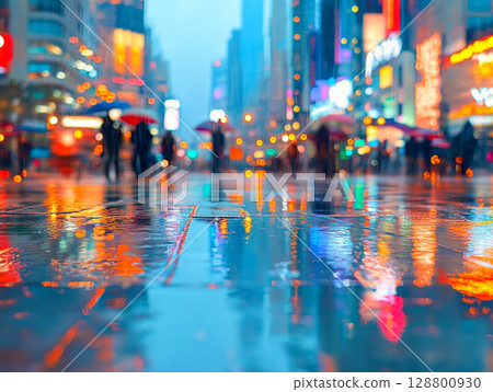 A rainy city square is viewed through a blurred, water-streaked window, showing abstract shapes of people and glowing neon lights in blue, orange, and yellow. 128800930