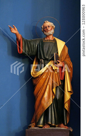 Saint Peter statue on the altar in the parish church of St. Nicholas in Cilipi, Croatia 128800963