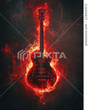 A dark, moody image showcases an electric guitar engulfed in vivid orange and red flames, creating a powerful and intense visual. 128800972