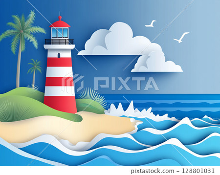 A paper-cut illustration depicts a red and white striped lighthouse on a sandy beach with palm trees, waves, and seagulls under a blue sky with clouds. 128801031