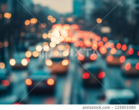 A heavily blurred image captures the tail lights and headlights of numerous cars on a busy city road at dusk or night, creating bokeh effects. A heavily blurred image captures the tail lights and headlights of numerous cars on a busy city road at dusk or night, creating bokeh effects. 128801080