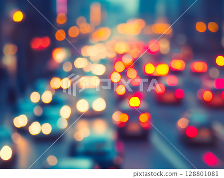A heavily blurred image captures the tail lights and headlights of numerous cars on a busy city road at dusk or night, creating bokeh effects. A heavily blurred image captures the tail lights and headlights of numerous cars on a busy city road at dusk or night, creating bokeh effects. 128801081