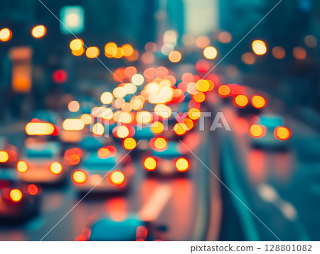 A heavily blurred image captures the tail lights and headlights of numerous cars on a busy city road at dusk or night, creating bokeh effects. 128801082