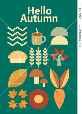 Autumn simple poster set. Autumn flyer set of designs Scandinavian mosaic. Banner autumn elements in Bauhaus style. Autumn design poster. Vector illustration. Autumn simple poster set. Autumn flyer set of designs Scandinavian mosaic. Banner autumn elements in Bauhaus style. Autumn design poster. Vector illustration. 128801129