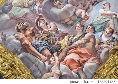 Fresco of virtues on the little cupola of side nave in Basilica dei Santi Ambrogio e Carlo al Corso, Rome, Italy 128801327