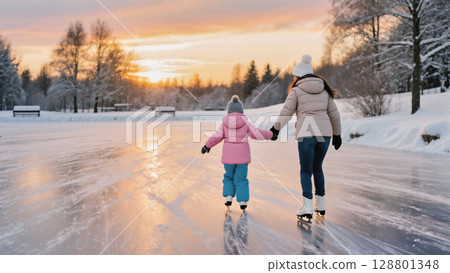 Christmas winter skating scene with mother and daughter holding hands on frozen lake at sunset Christmas winter skating scene with mother and daughter holding hands on frozen lake at sunset 128801348