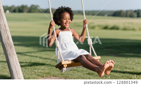 Smiling girl in white dress swinging barefoot on rope swing in sunny countryside field 128801349
