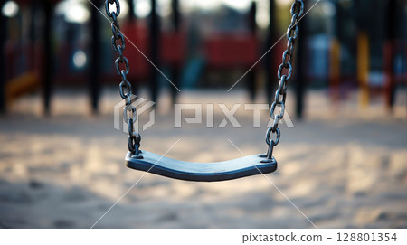Empty chain swing hanging quietly in playground with soft evening light and blurred background 128801354