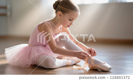Little ballerina in pink tutu ties her pointe shoes while preparing for ballet class in a sunlit dance studio. Graceful childhood moment. Little ballerina in pink tutu ties her pointe shoes while preparing for ballet class in a sunlit dance studio. Graceful childhood moment. 128801372