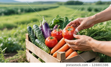 Fresh organic vegetables in wooden crate being harvested on farm field, held by hands under natural sunlight. Healthy local produce. 128801386