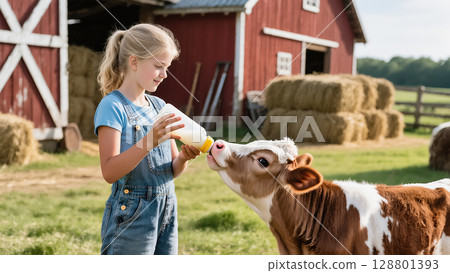 Young girl bottle-feeding a calf on a sunny farm near a red barn and haystacks. Caring moment with farm animals. 128801393