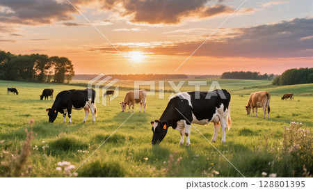 Cows grazing peacefully on a green pasture at sunset, with a scenic countryside view and glowing sky. Idyllic rural farming moment. 128801395