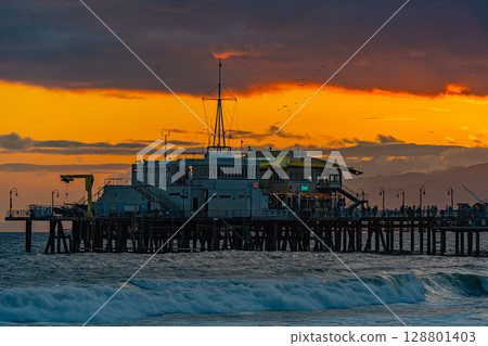 USA Los Angeles cityscape and sunset Santa Monica 128801403
