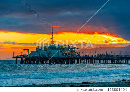 USA Los Angeles cityscape and sunset Santa Monica 128801404