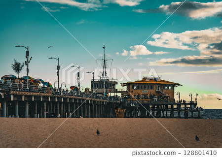 USA Los Angeles cityscape and sunset Santa Monica 128801410