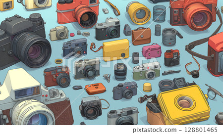 Camera, SLR, one of the cameras, digital camera and colorful camera 128801465