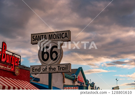 USA Los Angeles cityscape and sunset Santa Monica 128801610