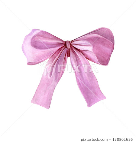 Pink satin ribbon. Watercolor of a decorative element tied in a bow. Good for postcards, recipes, menu, invitations, greeting cards Pink satin ribbon. Watercolor of a decorative element tied in a bow. Good for postcards, recipes, menu, invitations, greeting cards 128801656