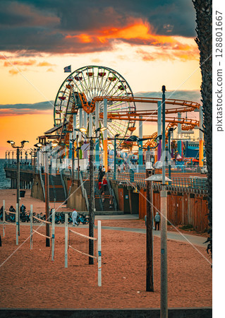 USA Los Angeles cityscape and sunset Santa Monica 128801667