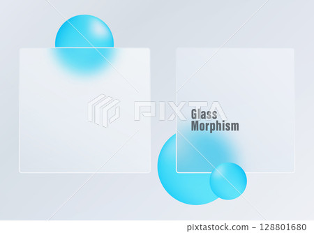 Light glassmorphism UI banner with blue spheres and panels 128801680