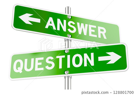Question and Answer green direction arrows, street signs. 3D rendering 128801700