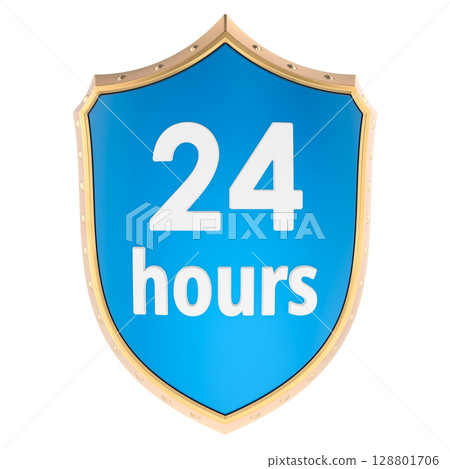 24 hours blue shield badge. 3D rendering 24 hours blue shield badge. 3D rendering 128801706
