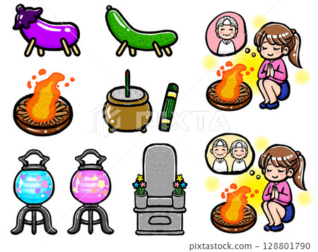 Obon festival doodle style icon illustration material set 128801790